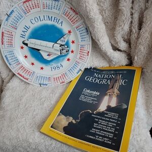 1984 Hail Columbia Space Shuttle Calendar Plate & Oct 1981 National Geographic